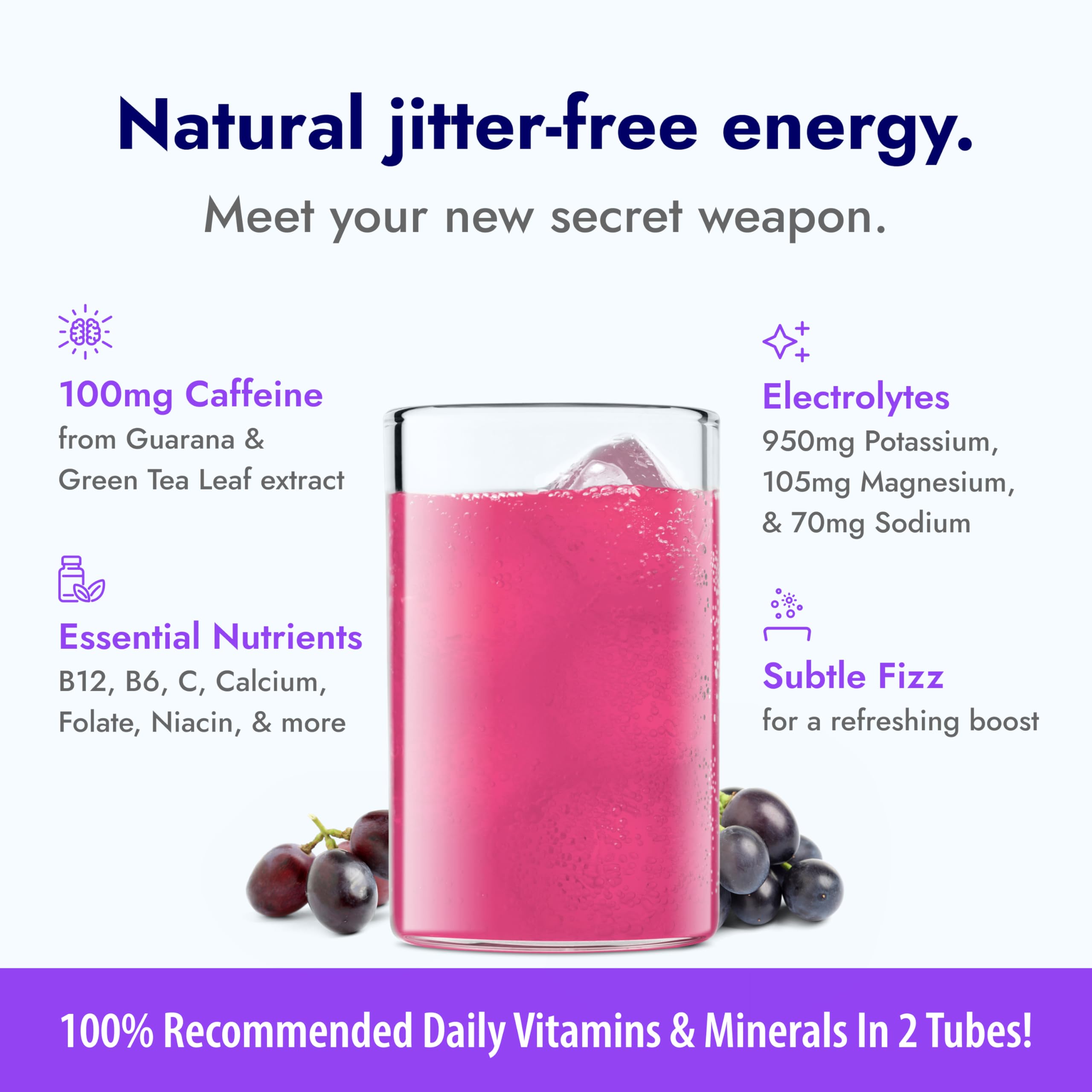 Zipfizz grape shaken in glass illustrates sustained energy without sugar.