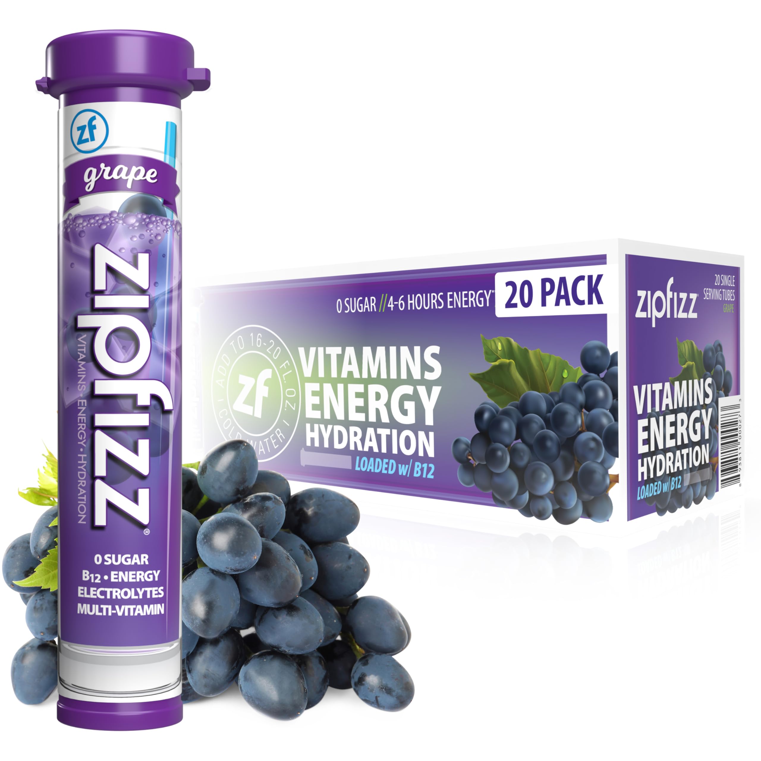 Zipfizz grape tube packaging shows a sugar-free energy option for on-the-go needs.