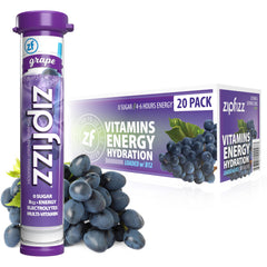 Zipfizz grape tube packaging shows a sugar-free energy option for on-the-go needs.