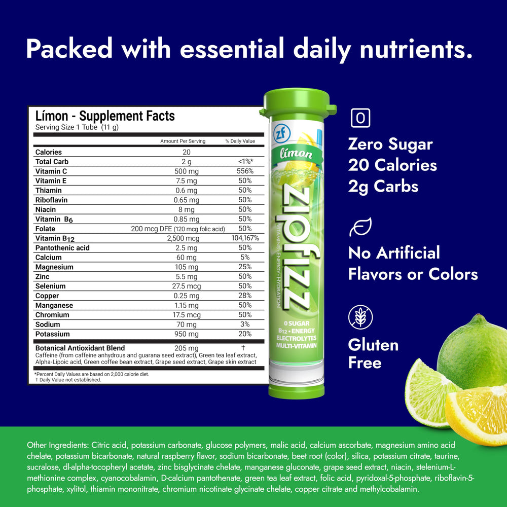 Zipfizz lemon lime flavor glass shows refreshing taste and vitamin-packed hydration.