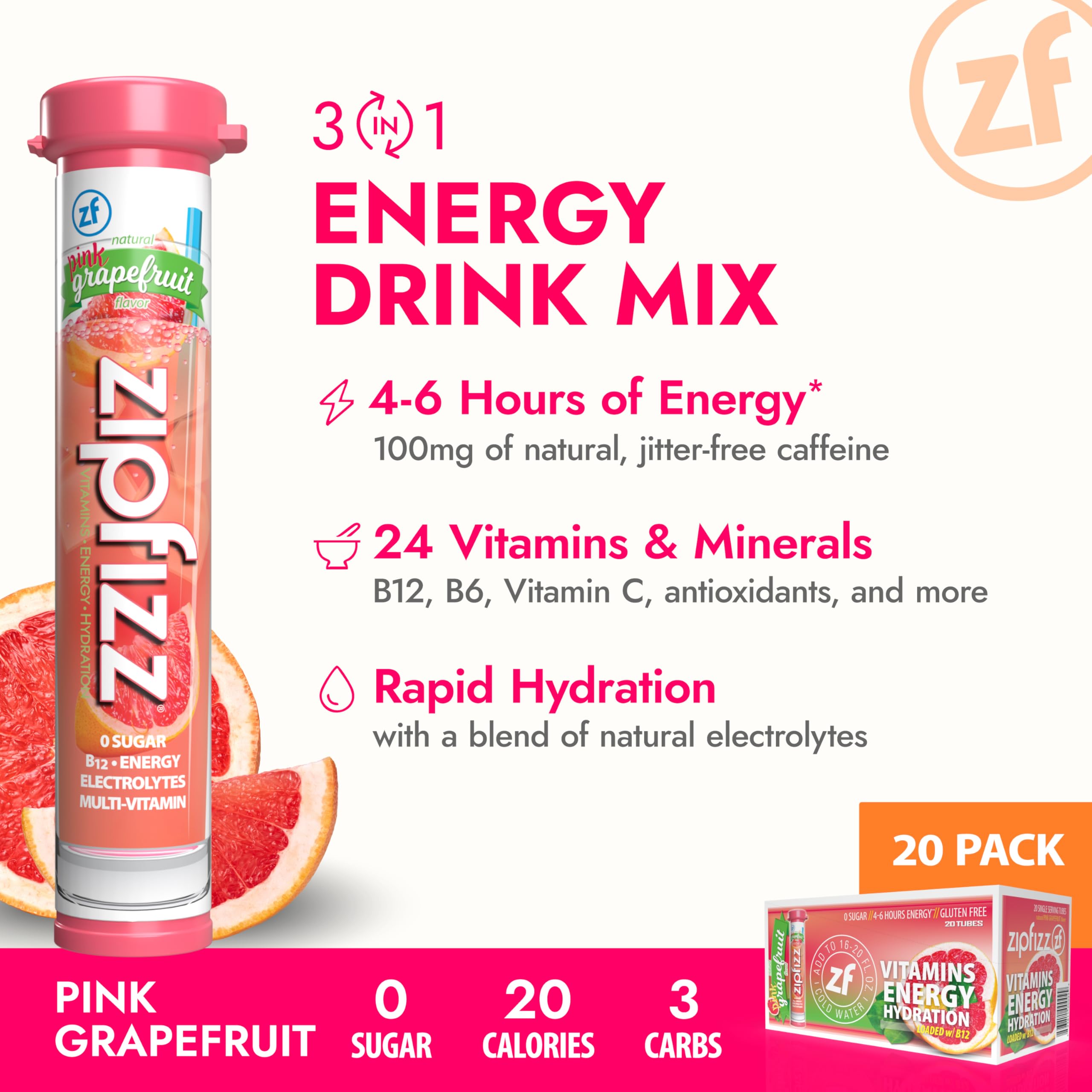 Zipfizz nutrition panel shows vitamins and electrolytes for daily support.