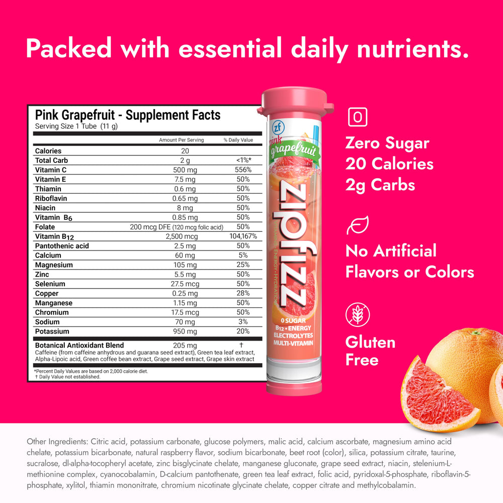 Zipfizz pink grapefruit powder poured into water for hydration.