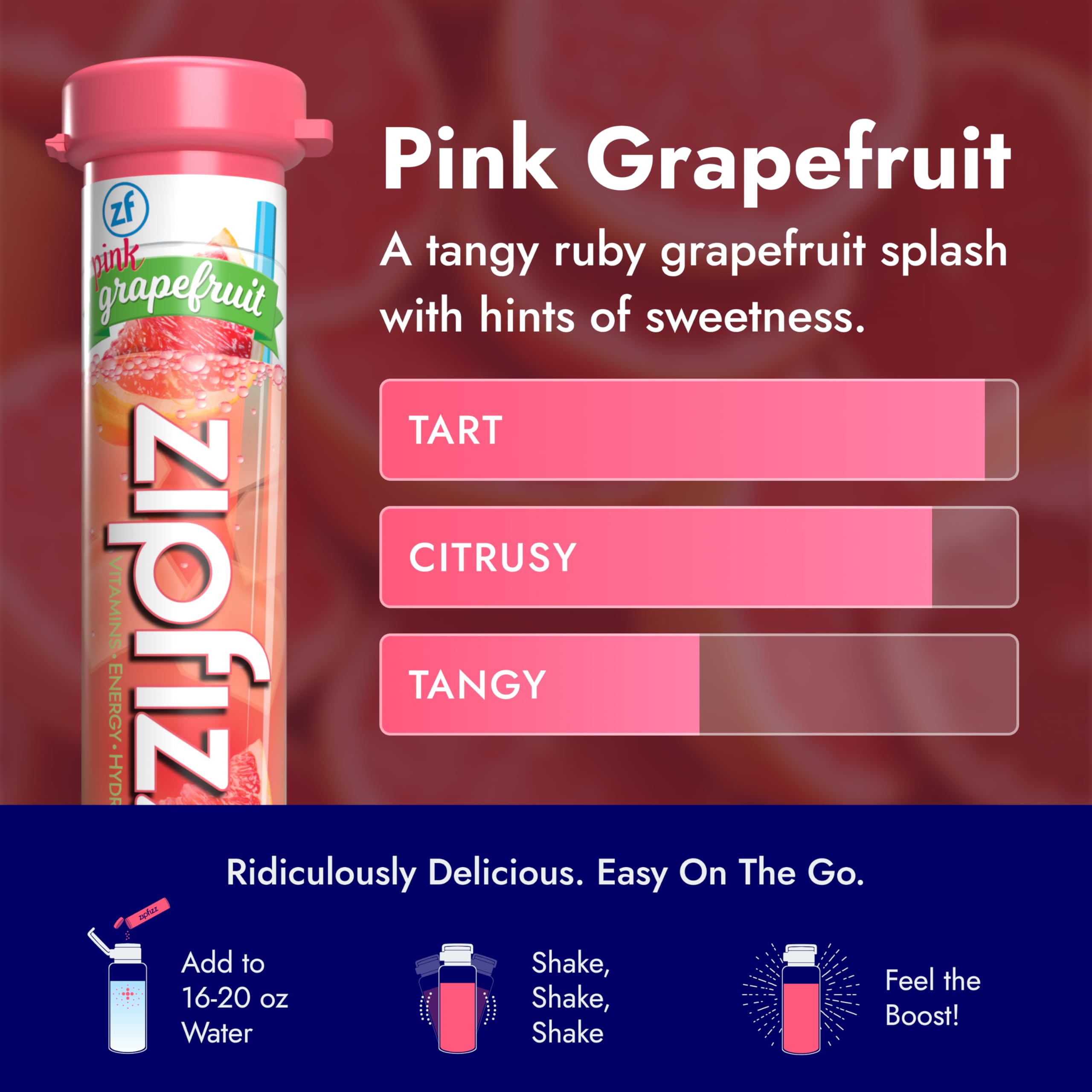 Zipfizz tube close-up highlights pink grapefruit flavor.