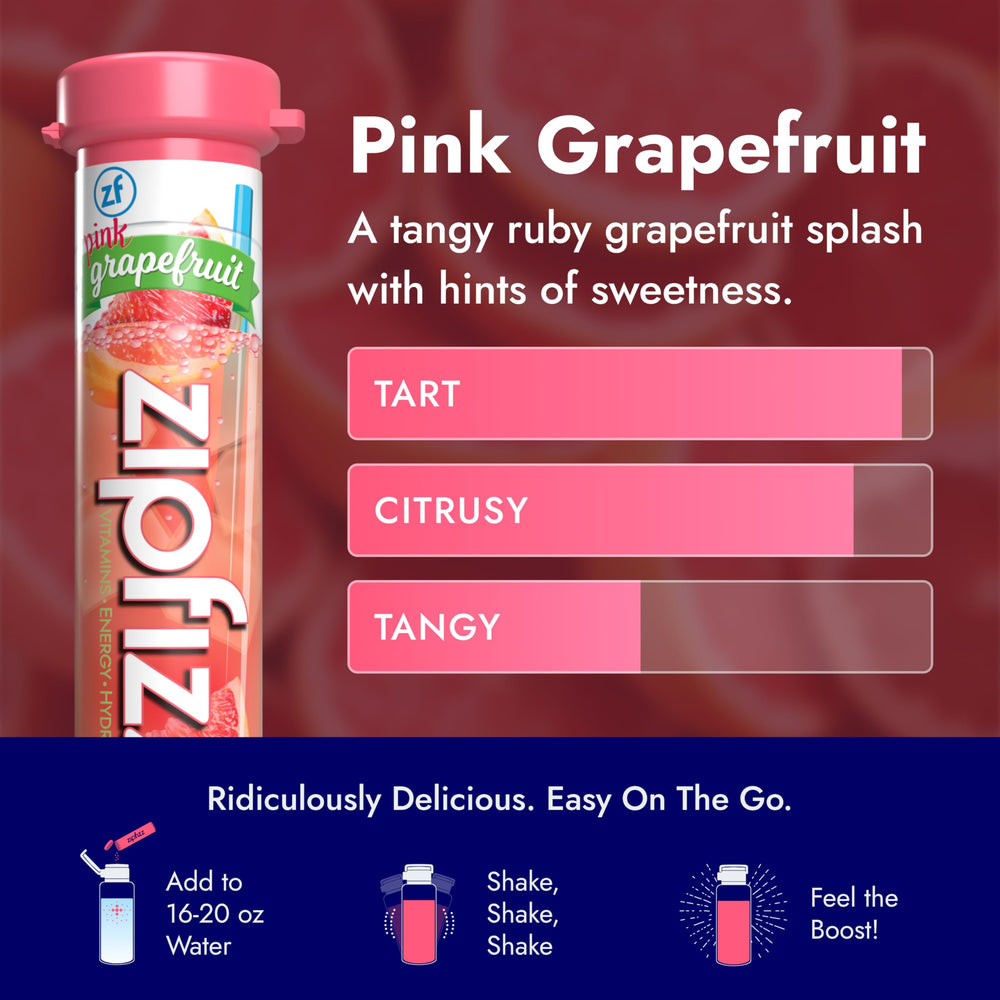 Zipfizz tube close-up highlights pink grapefruit flavor.