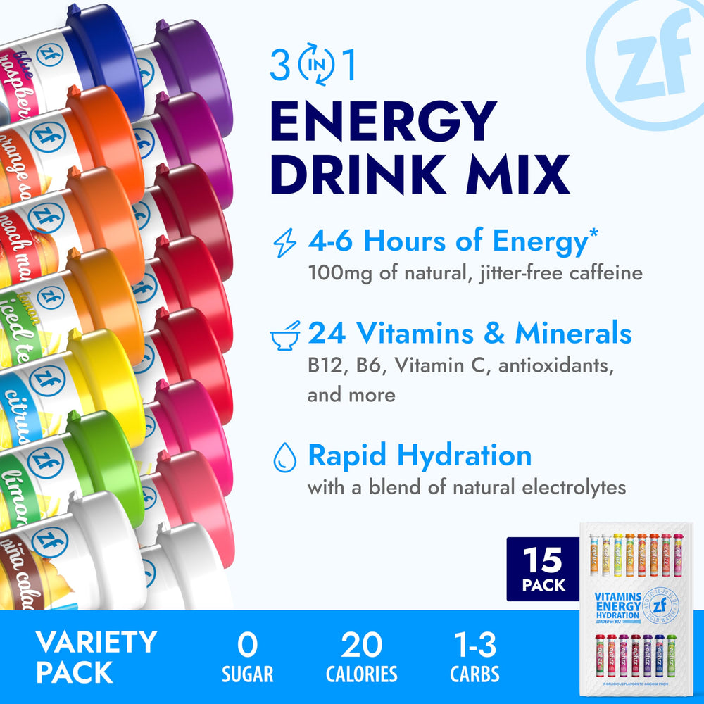 Zipfizz variety pack box with tubes highlights 15 flavor options.