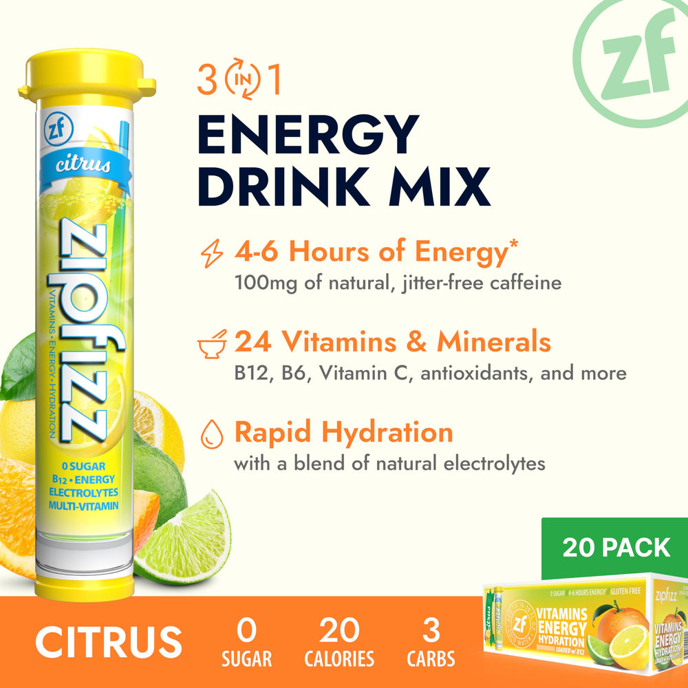 Zipfizz glass with citrus powder dissolving in water for hydration