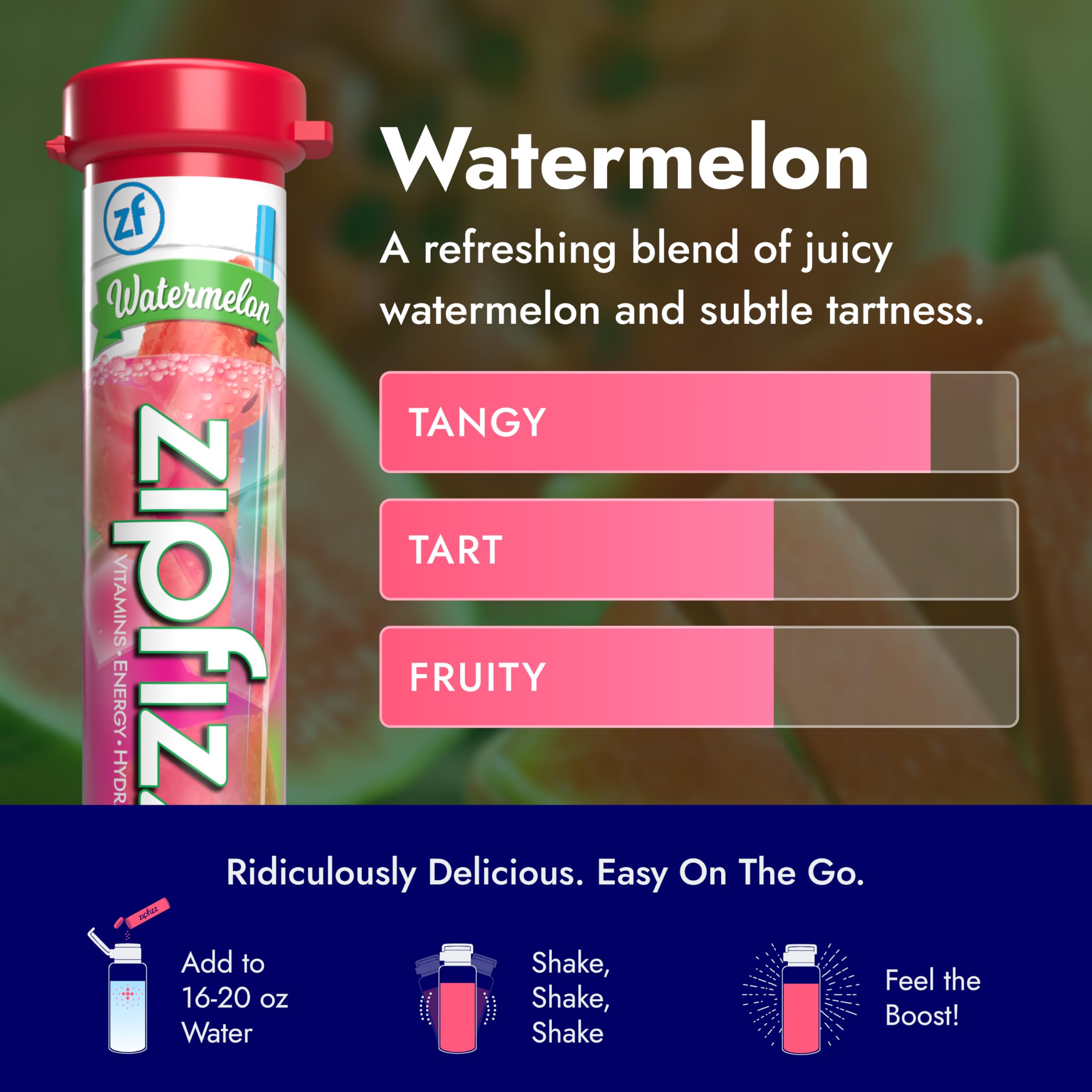 Zipfizz Watermelon single-serving sticks ideal for on-the-go hydration and energy.