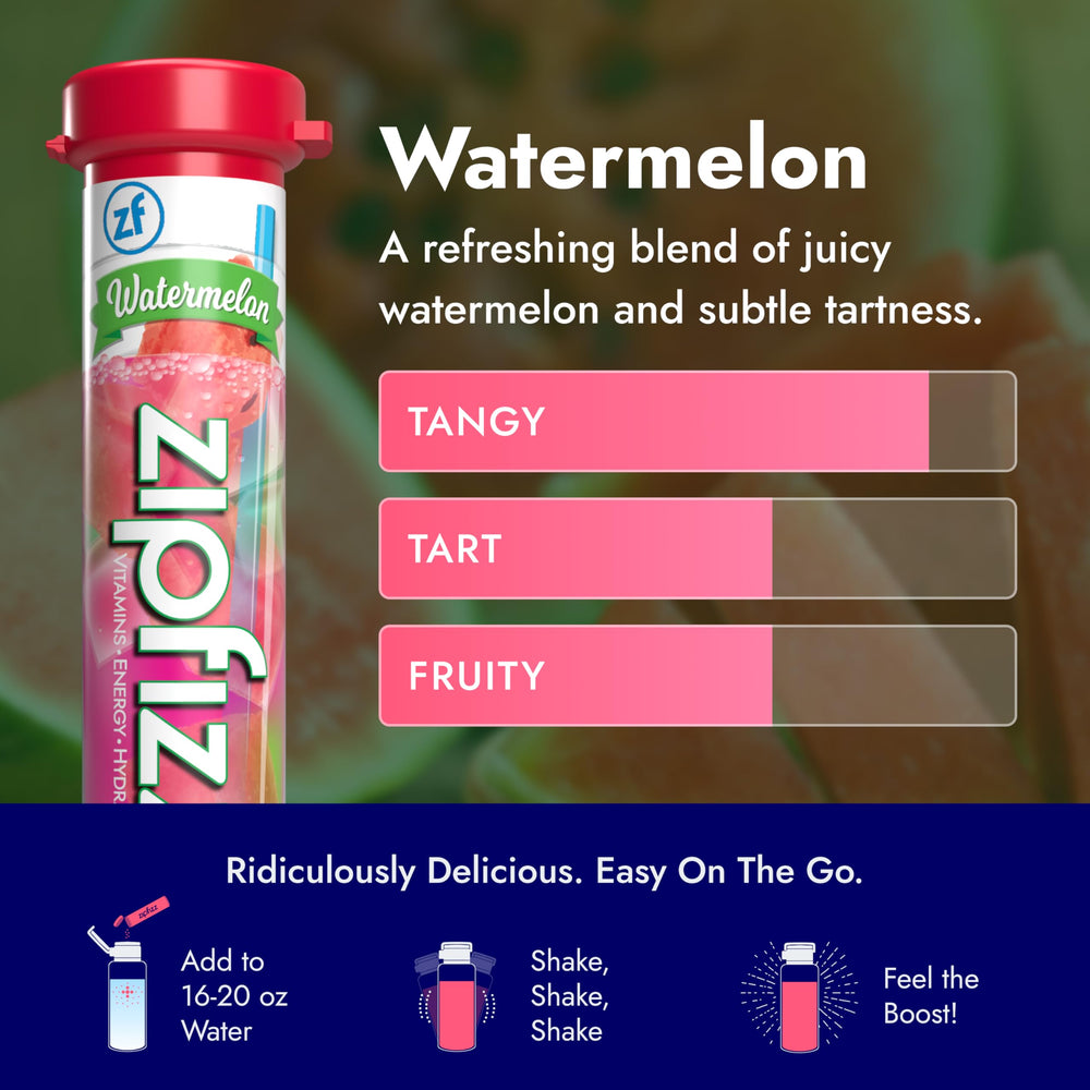 Zipfizz Watermelon single-serving sticks ideal for on-the-go hydration and energy.