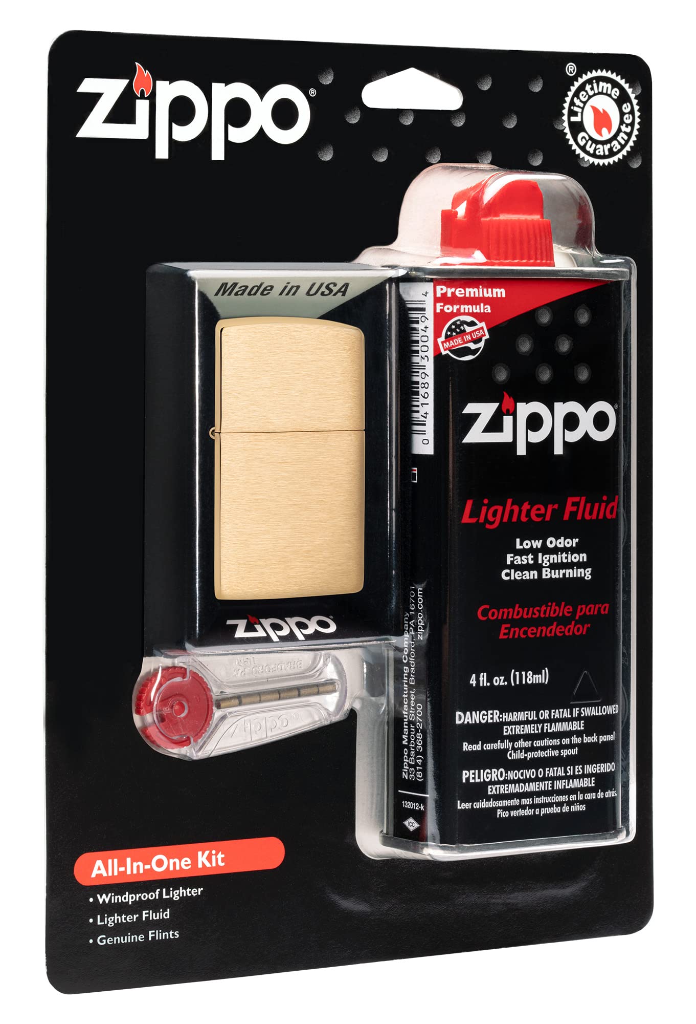 Zippo All-in-One Kit with brushed brass lighter for outdoor use and windproof ignition