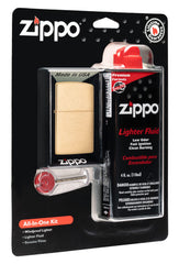 Zippo All-in-One Kit with brushed brass lighter for outdoor use and windproof ignition