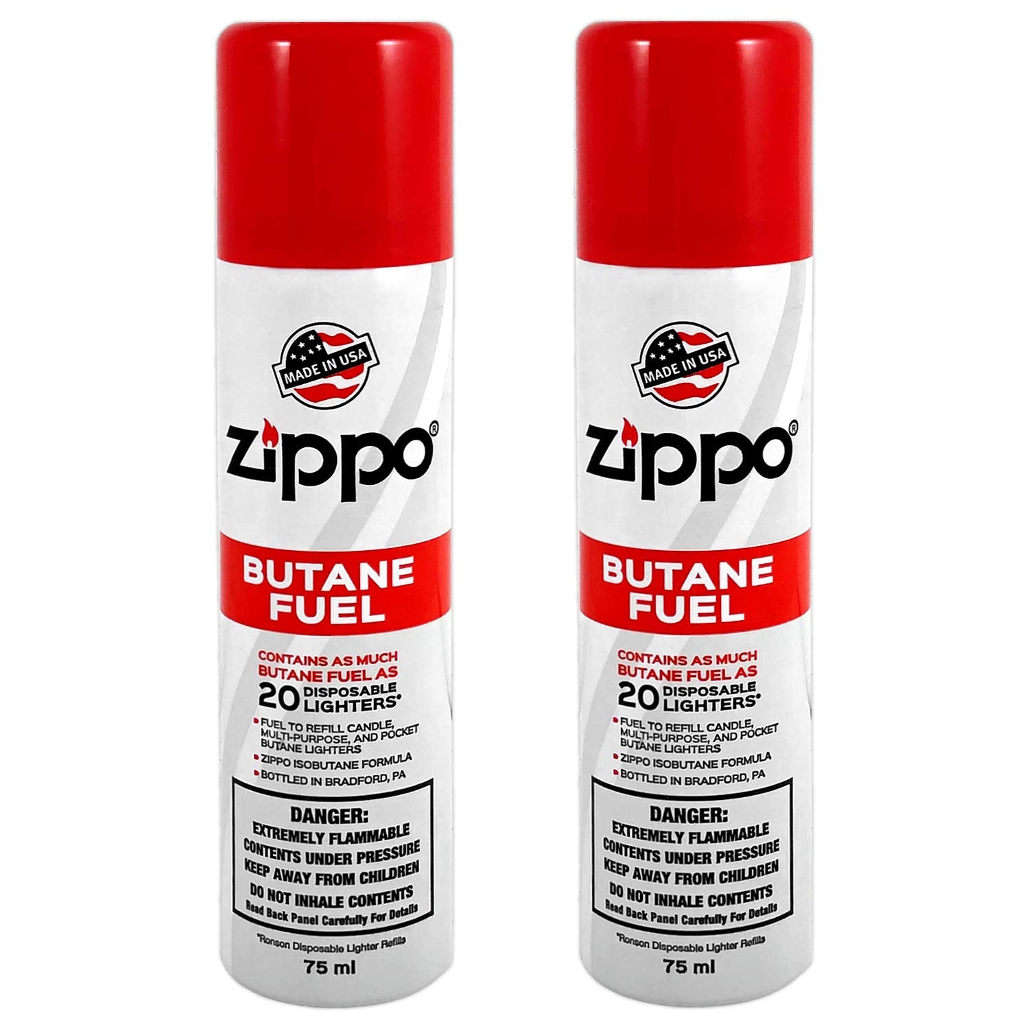Zippo butane fuel 75ml two-pack cans for clean burns and reliable flame.