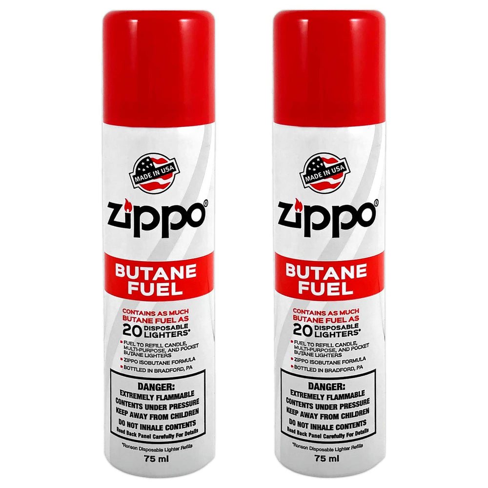Zippo butane fuel 75ml two-pack cans for clean burns and reliable flame.