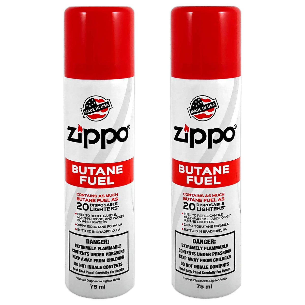 Zippo butane fuel 75ml two-pack cans for clean burns and reliable flame.