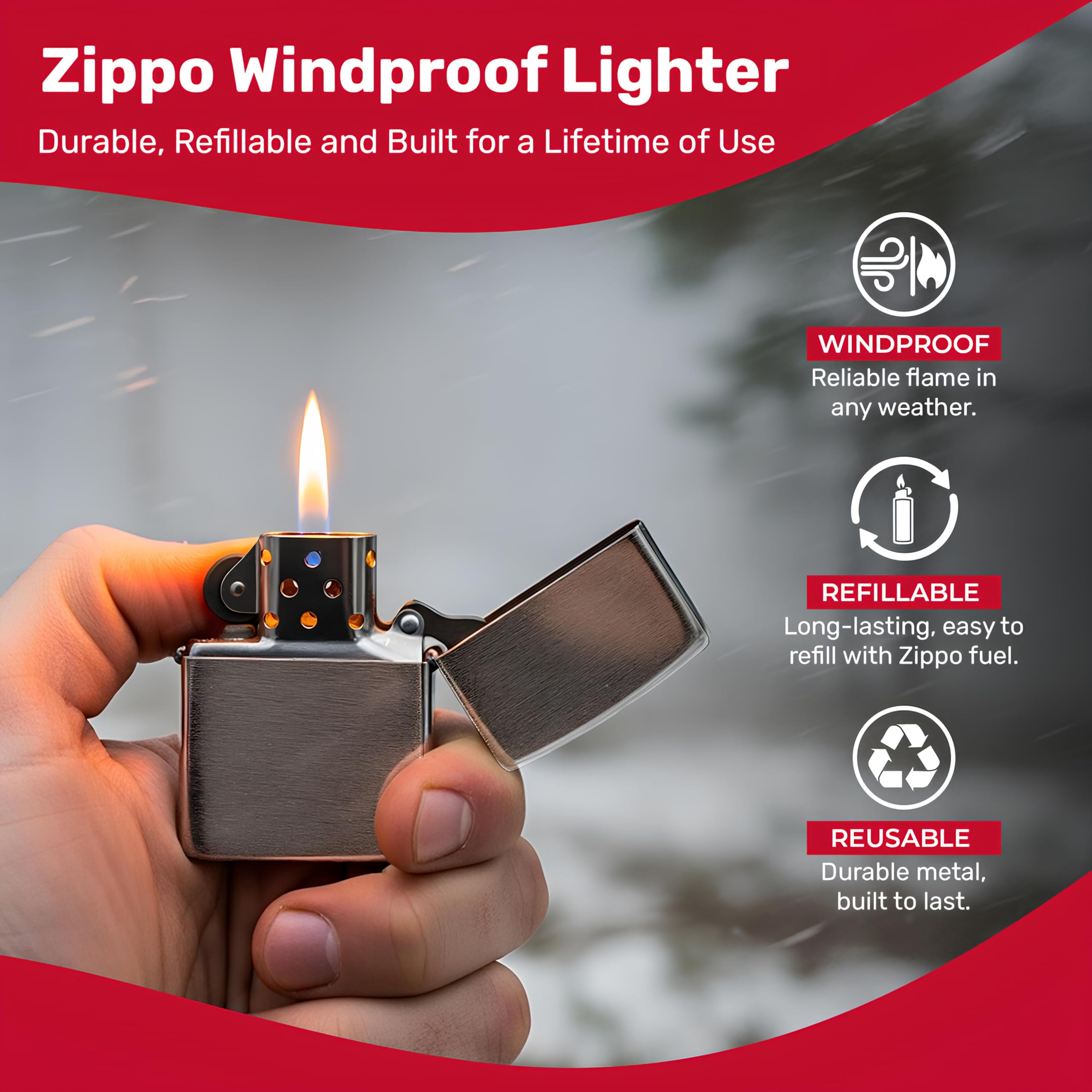 Zippo classic brushed finish on chrome surface resists scratches.