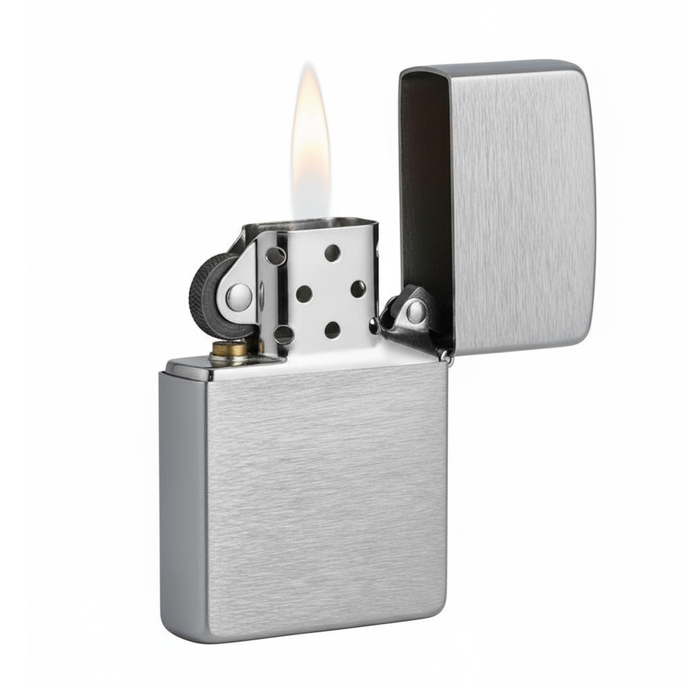 Zippo Classic Brushed Chrome lighter with flip-top lid for one-handed operation.