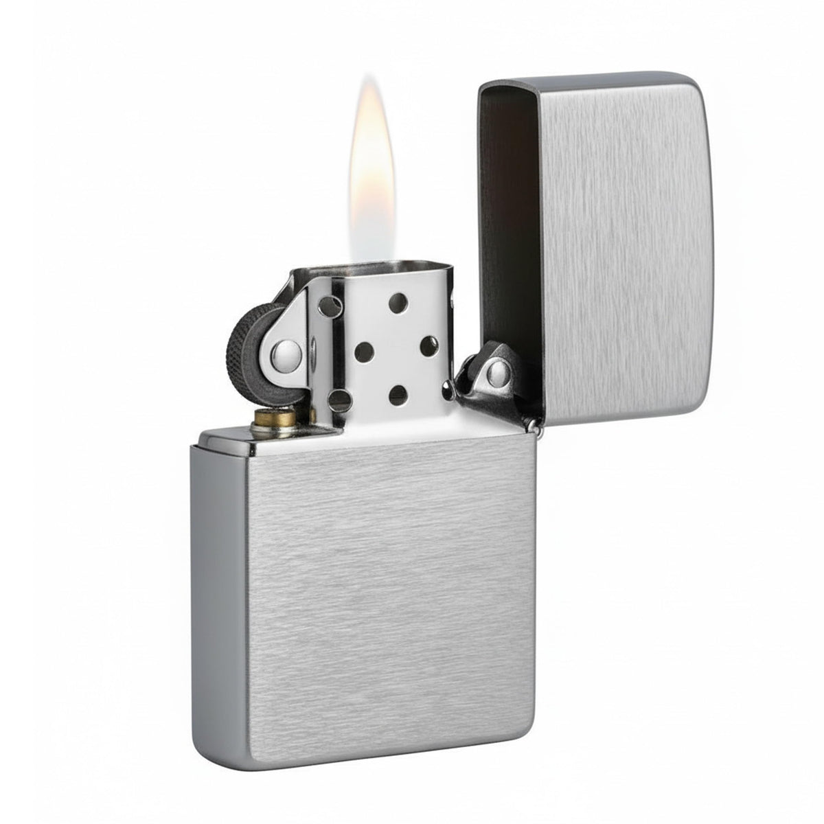 Zippo Classic Brushed Chrome lighter with flip-top lid for one-handed operation.
