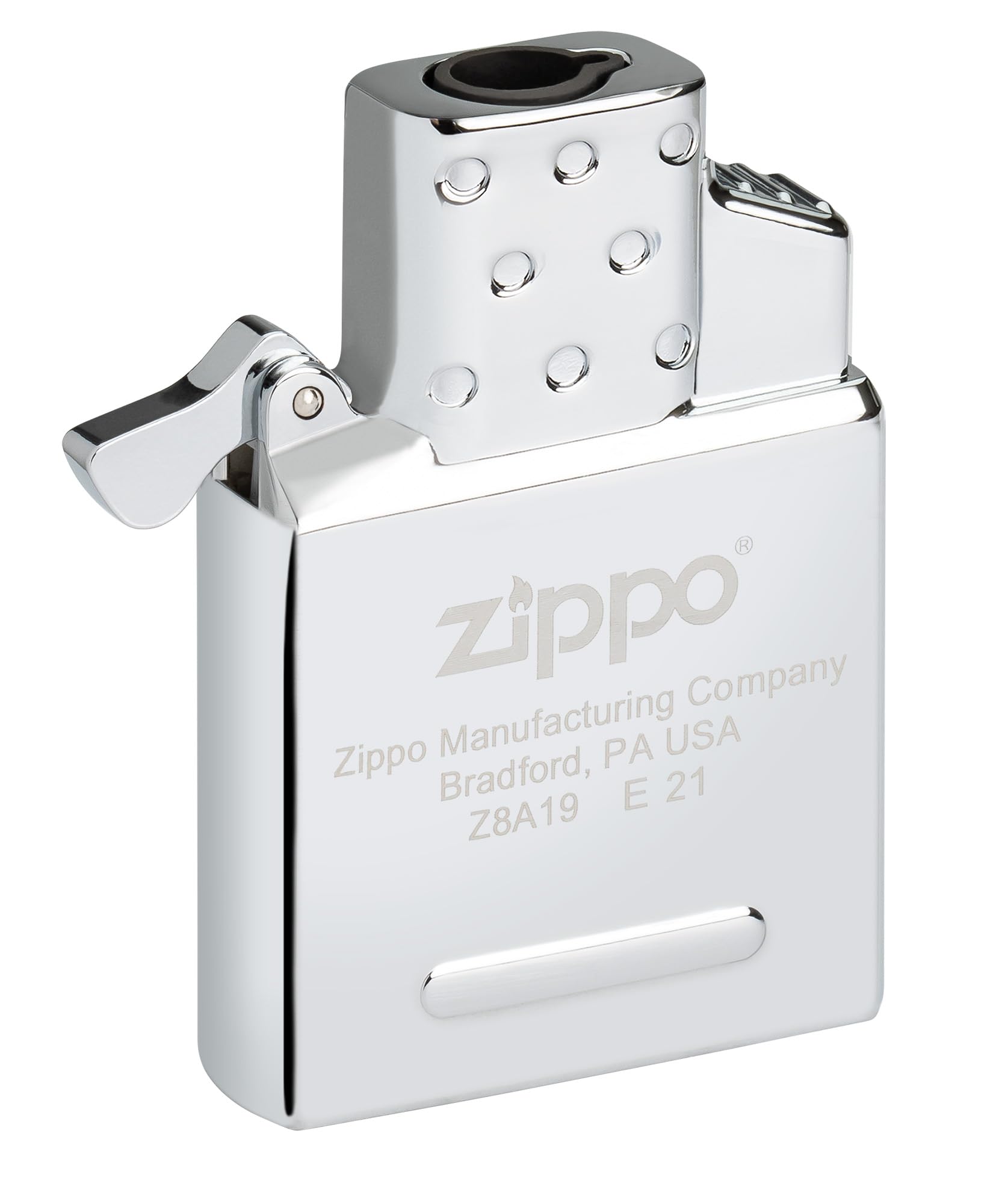 Zippo double-torch butane insert ignition button highlighting windproof, high-heat flame.