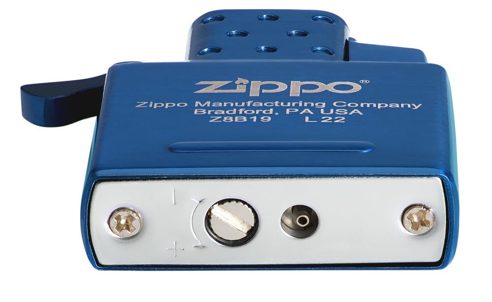 Blue flame from Zippo insert reaching high heat, indicating strong ignition capability.