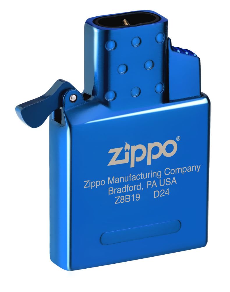 Close-up of Zippo push-button ignition on the blue double torch insert.