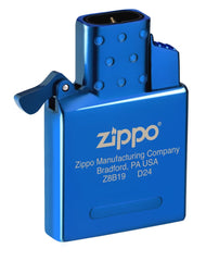 Close-up of Zippo push-button ignition on the blue double torch insert.