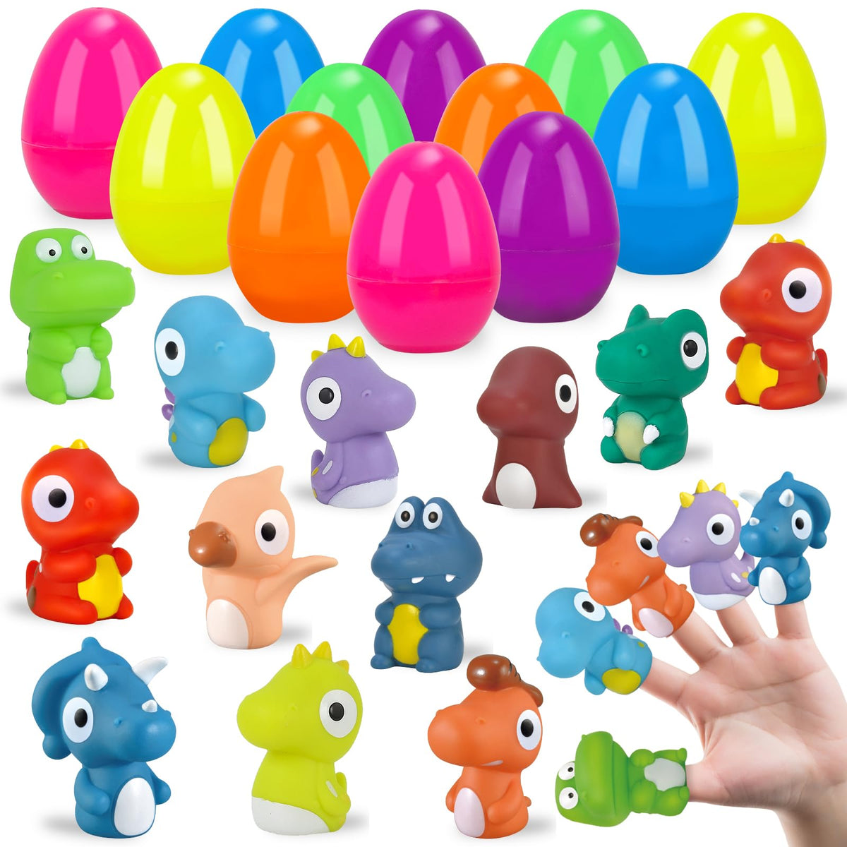 ZIRSENG prefilled Easter eggs with dinosaur puppets for kids' egg hunts.