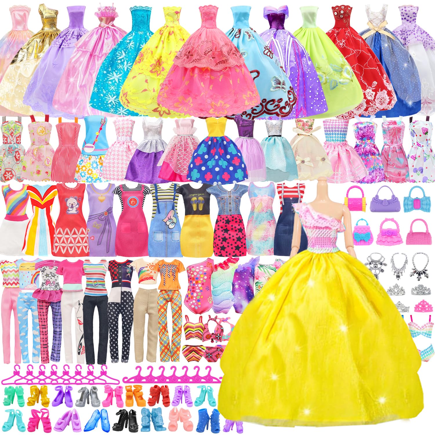 Seventeen accessories add color and detail to outfits.