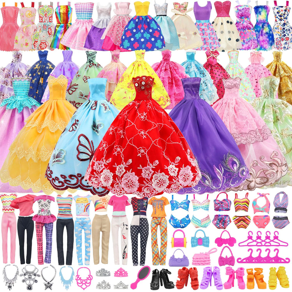 Ten pairs of shoes complete coordinated doll outfits.