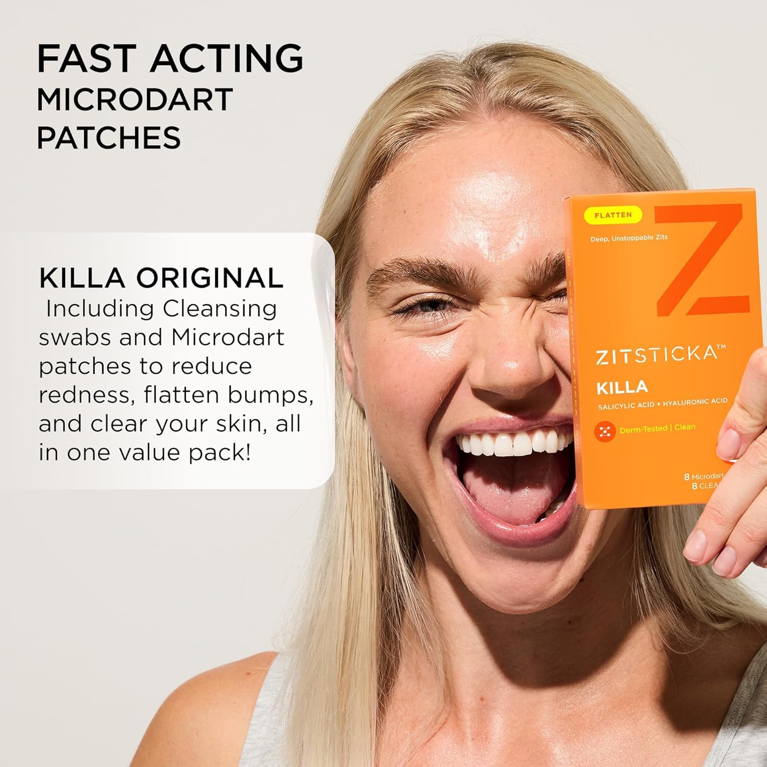 ZitSticka KILLA ingredients featuring hyaluronic acid, salicylic acid, niacinamide, and peptide