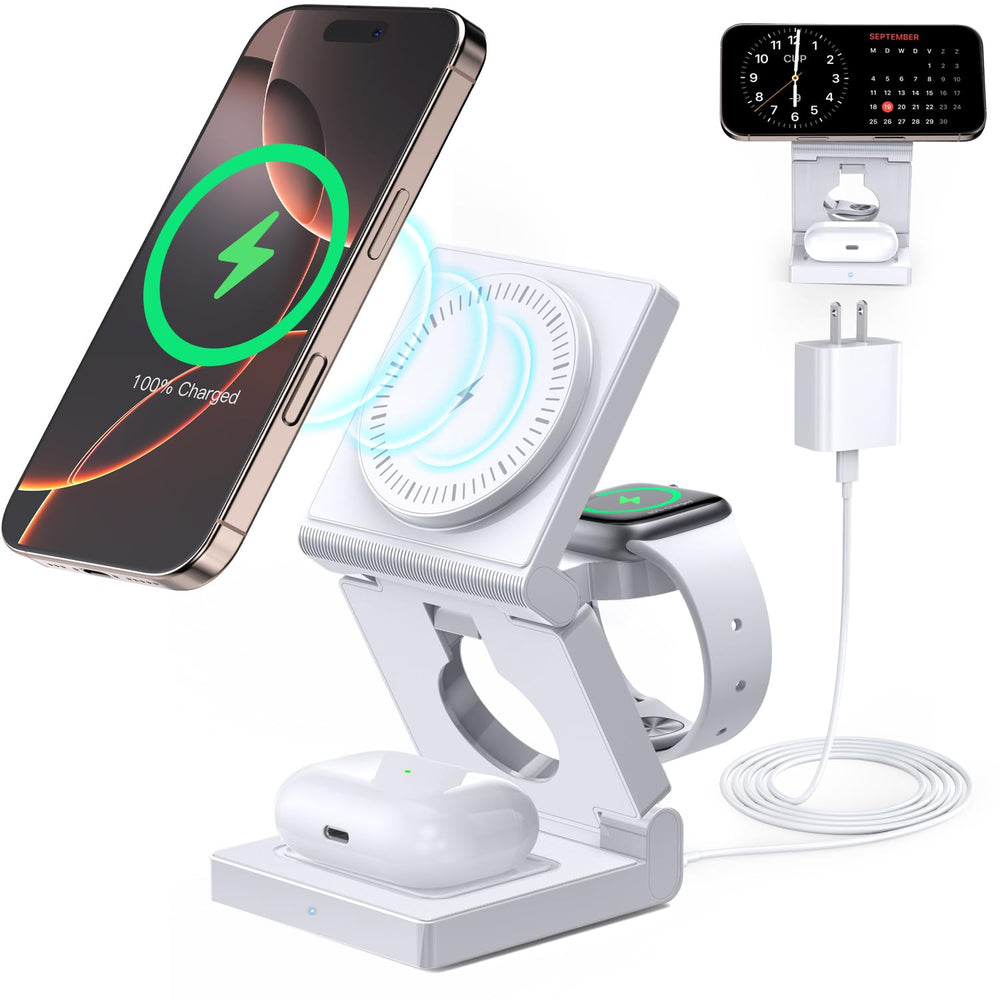 Ziweo 3-in-1 foldable charger on a desk, travel-ready setup