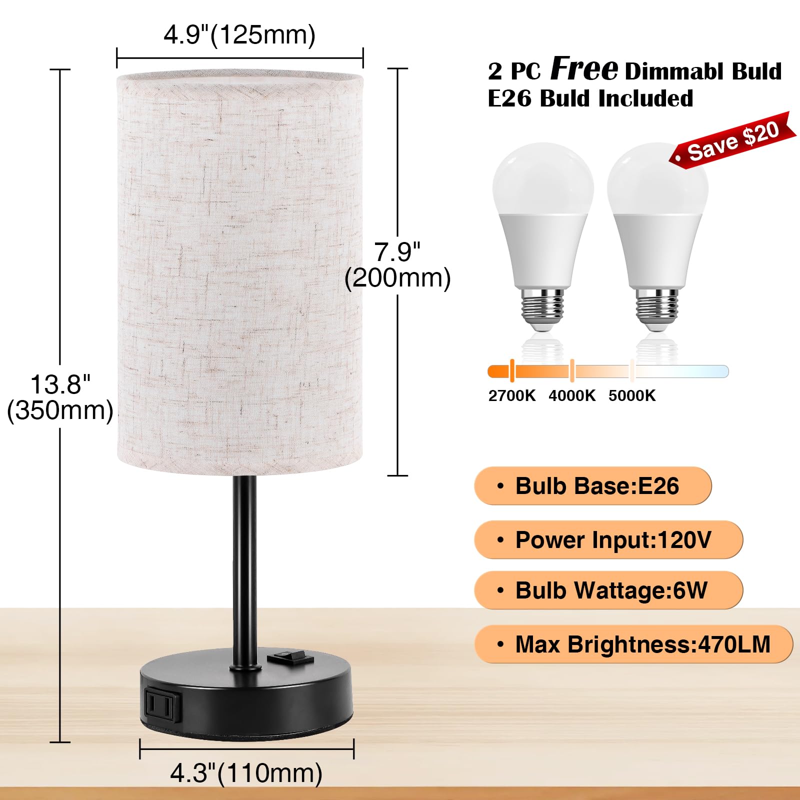 ZJOJO bedside lamp with 3-way dimmable switch and modern metal base