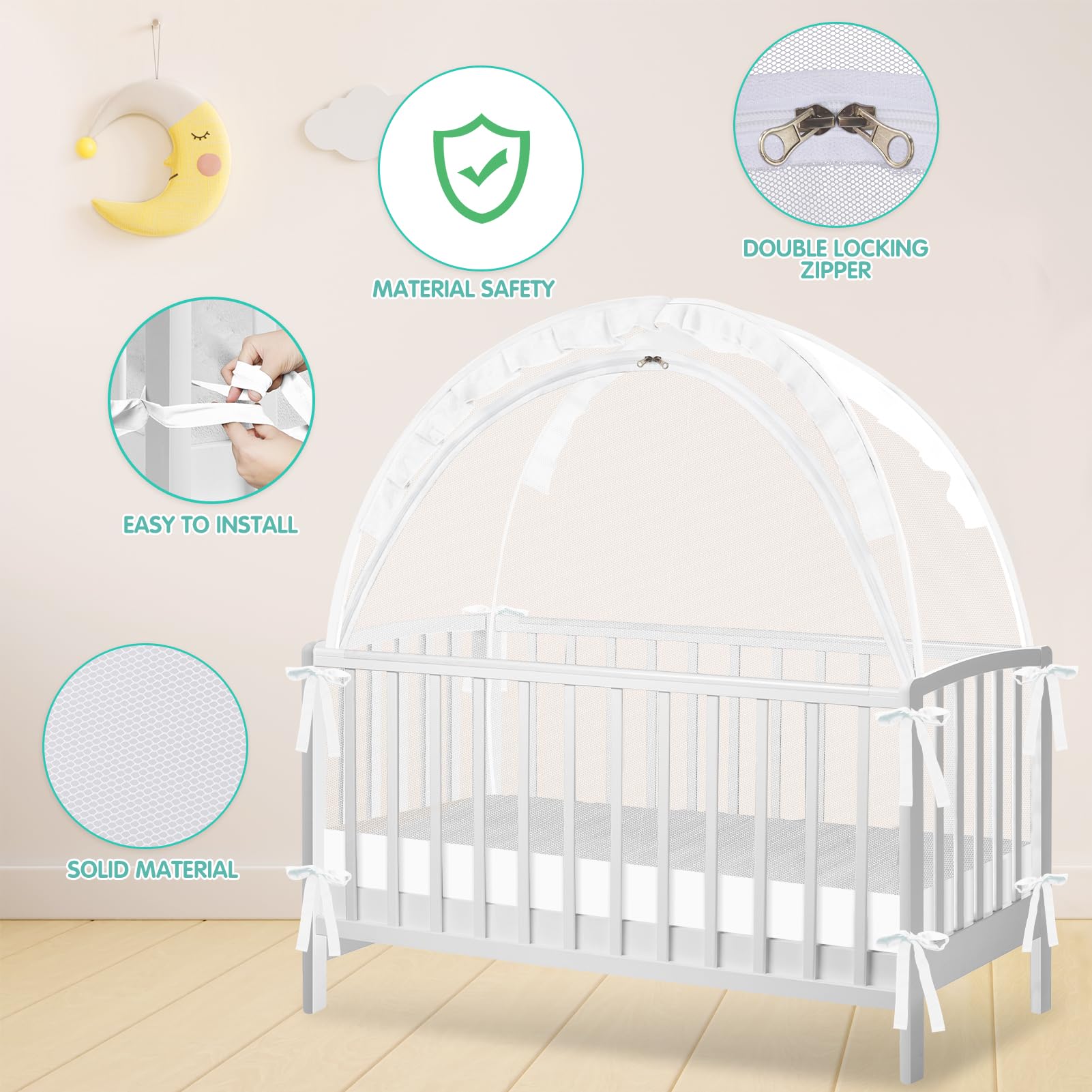 Zkaitoy crib tent installed on crib with rails for a stable fit.