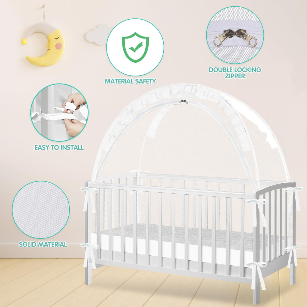 Zkaitoy crib tent installed on crib with rails for a stable fit.