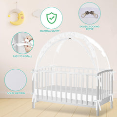 Zkaitoy crib tent installed on crib with rails for a stable fit.