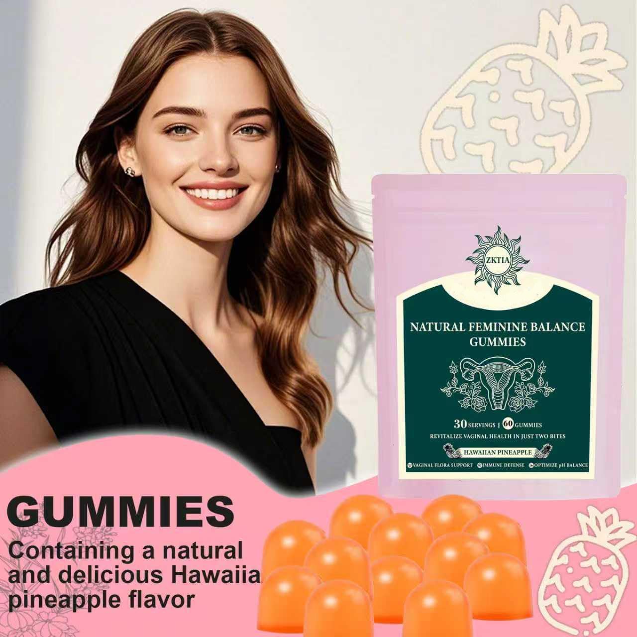 ZKTIA immune-support gummies for everyday feminine wellness.