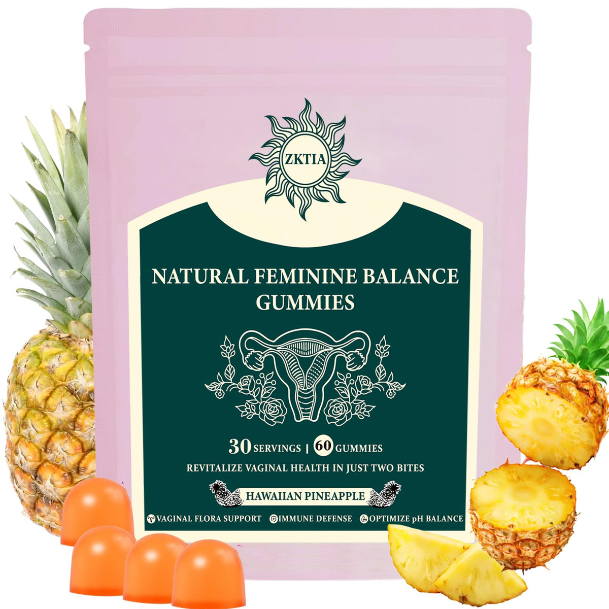 ZKTIA Premium feminine balance gummies bottle with pineapple flavor for daily wellness.