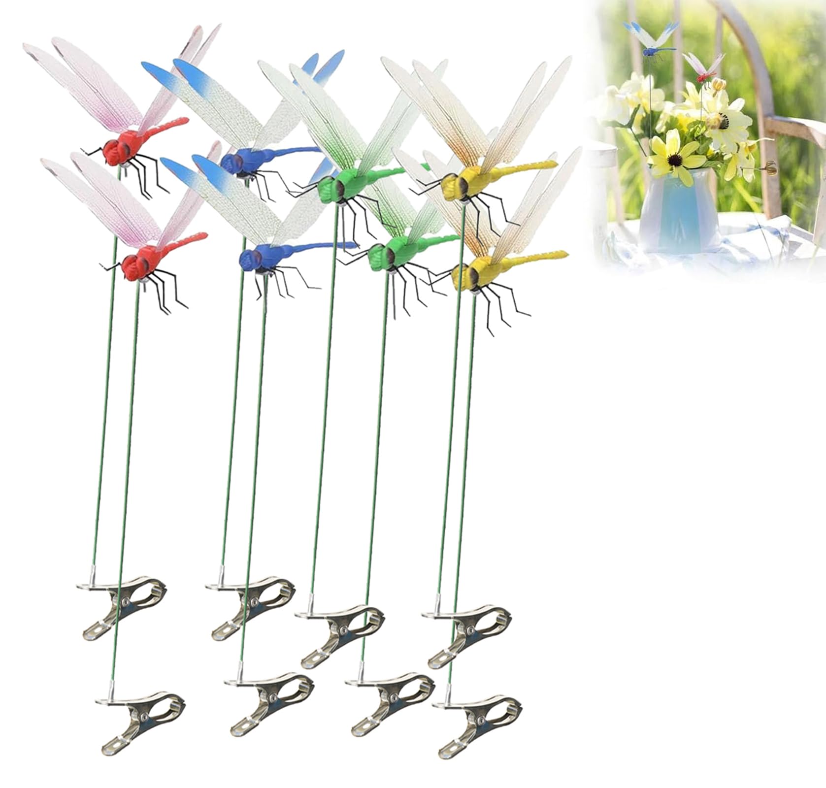 ZLMC 3D dragonfly clip with blue wings brightens potted plants and baskets.