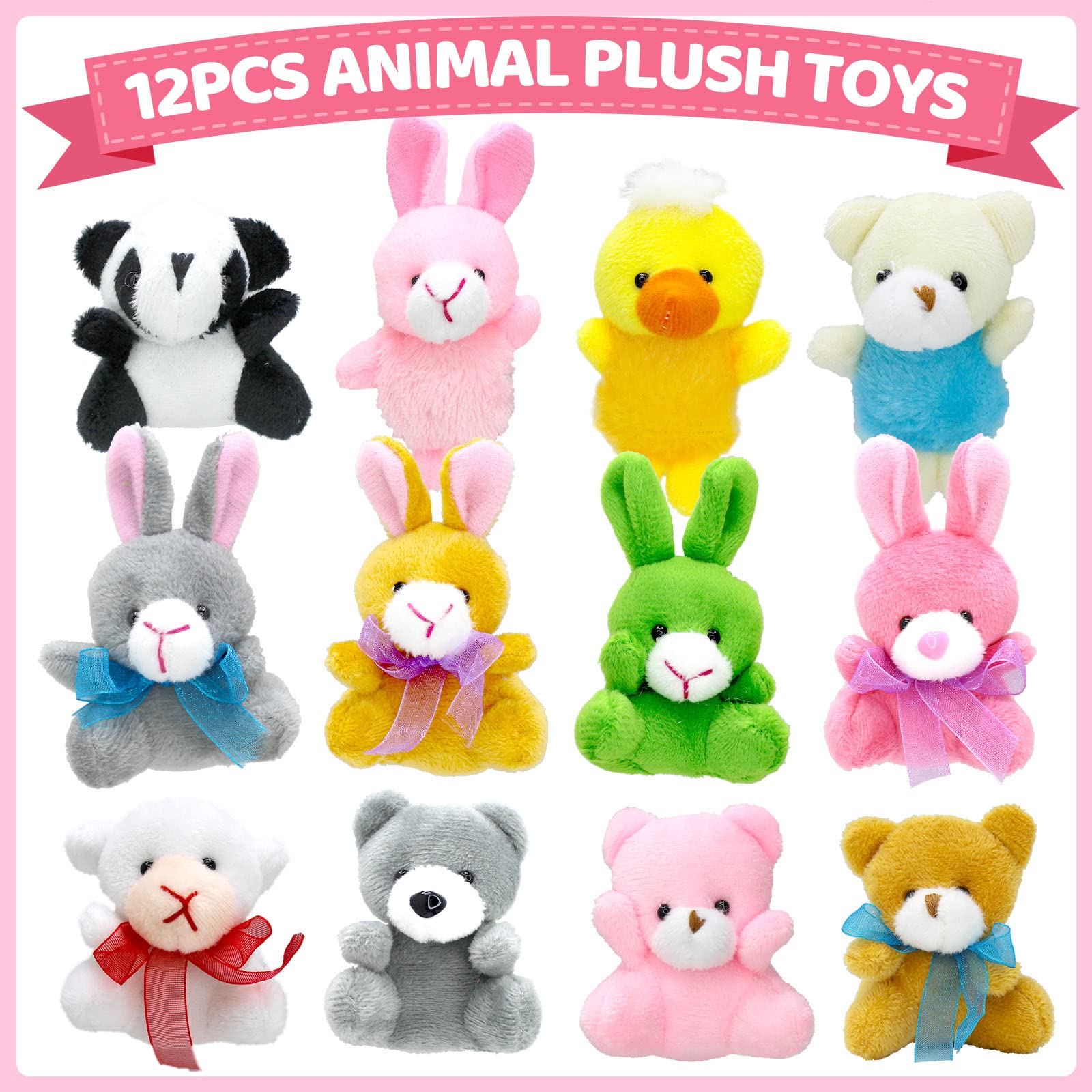 ZMCINER Easter eggs hunt set with colorful plush animals, ideal party favors.