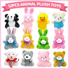ZMCINER Easter eggs hunt set with colorful plush animals, ideal party favors.