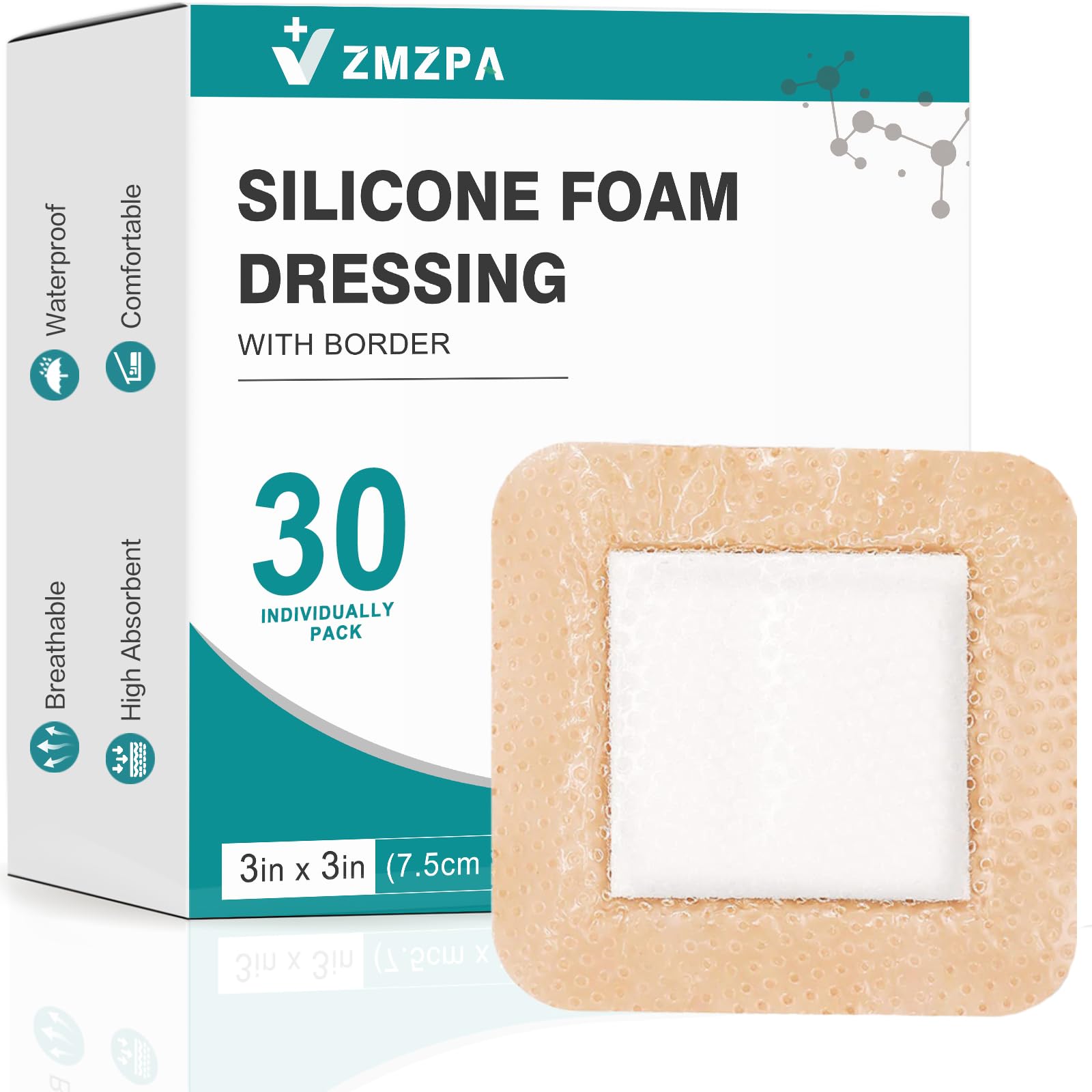 ZMZPA silicone foam dressing 3x3 border closeup showing gentle adhesion for sensitive skin