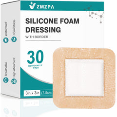ZMZPA silicone foam dressing 3x3 border closeup showing gentle adhesion for sensitive skin