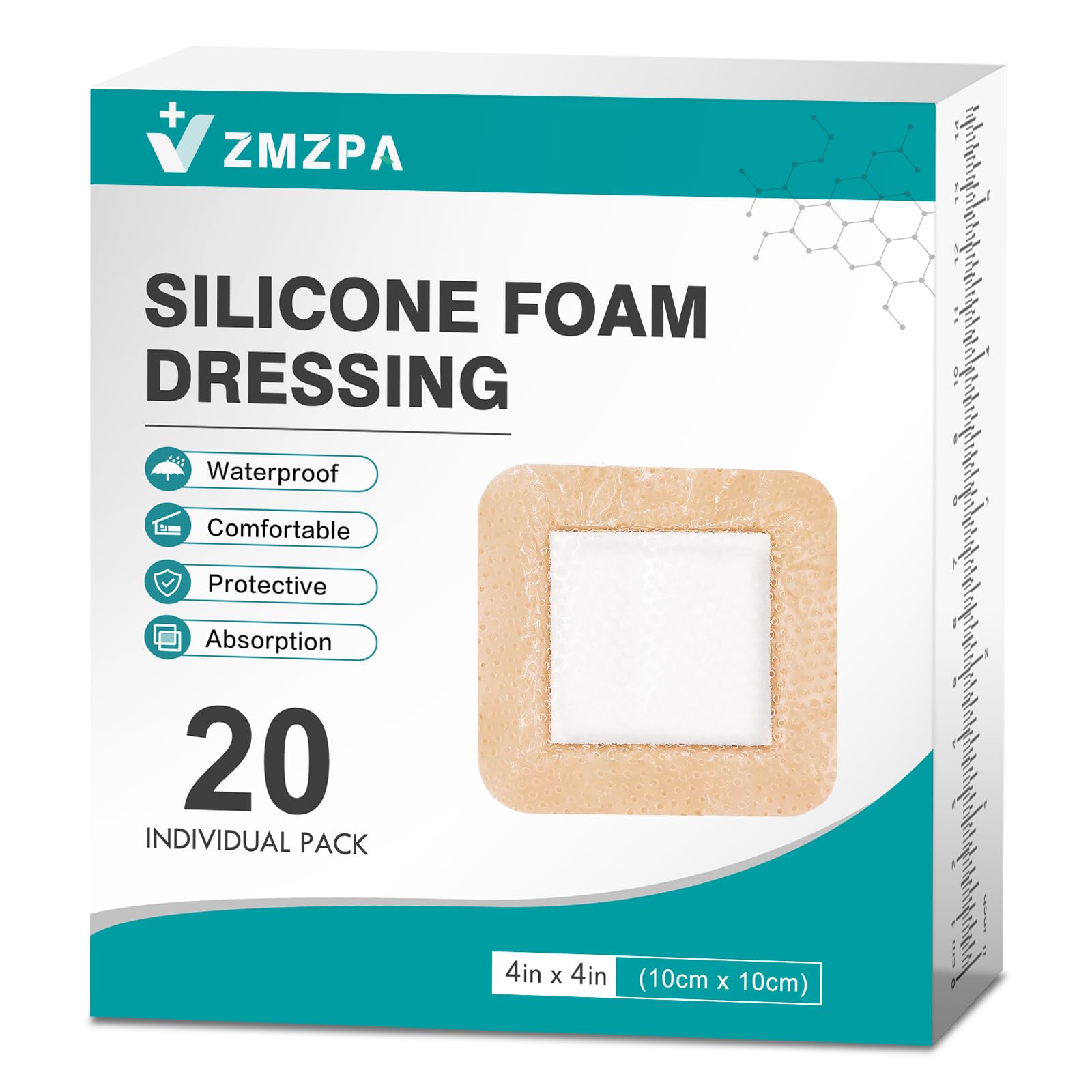 ZMZPA silicone foam dressing 4x4 border provides gentle wound protection and stays in place.