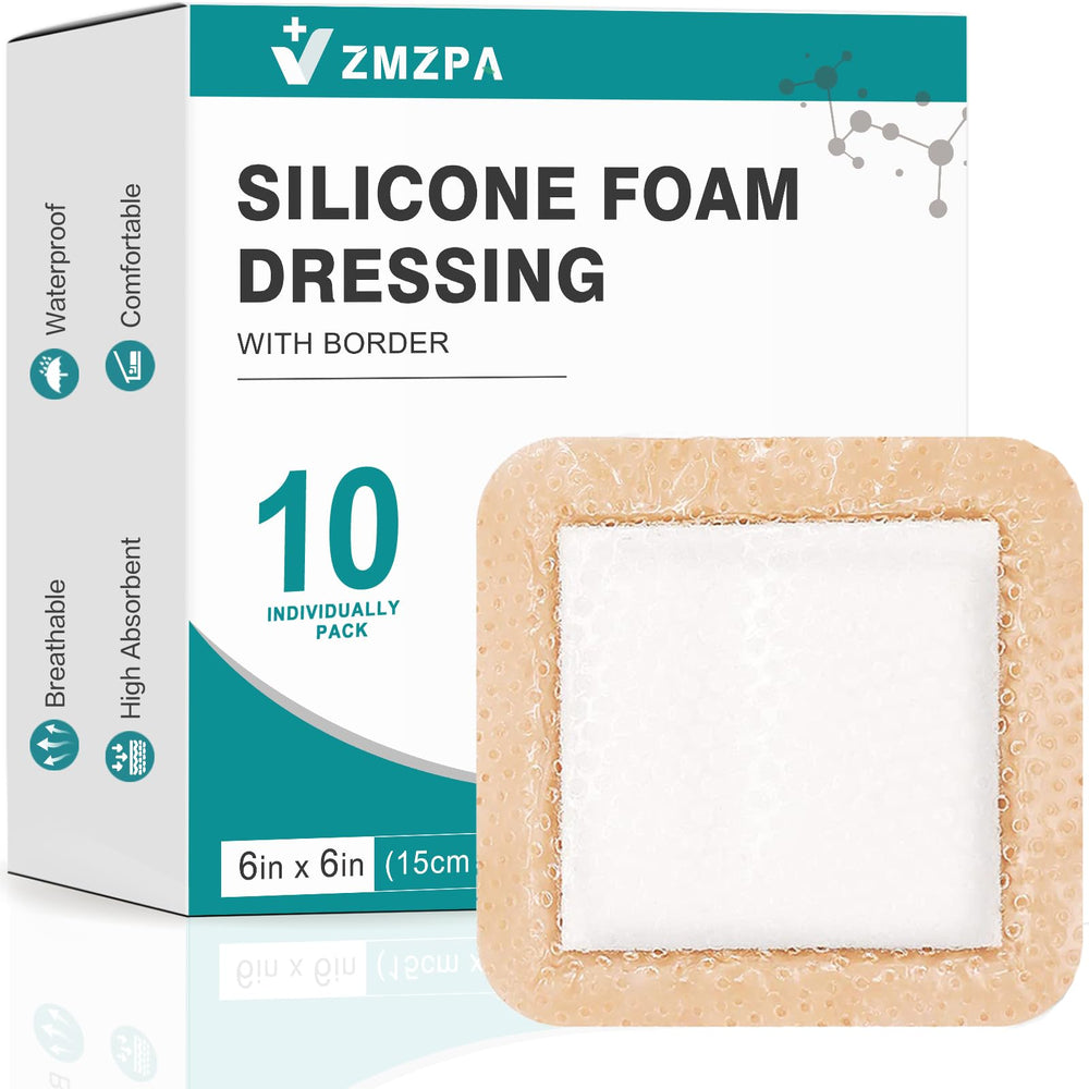 ZMZPA silicone foam dressing 6x6 front view with gentle border for comfortable wear