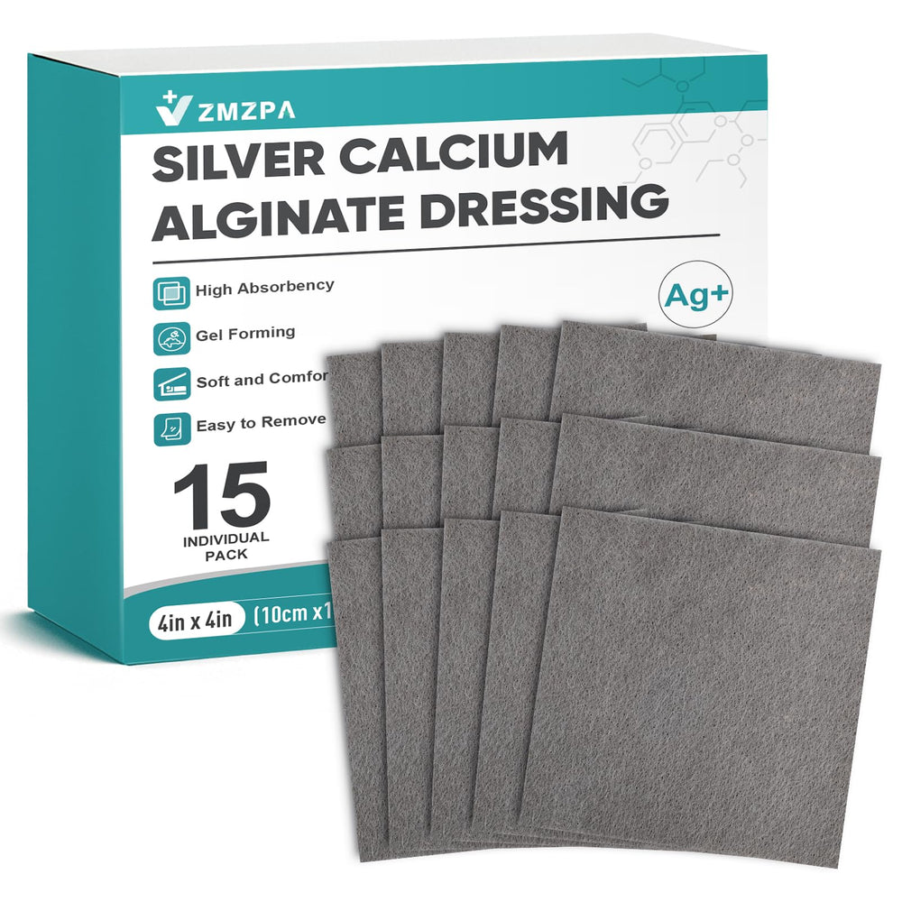 ZMZPA silver calcium alginate wound dressing 4x4 showing sterile packaging and barrier protection