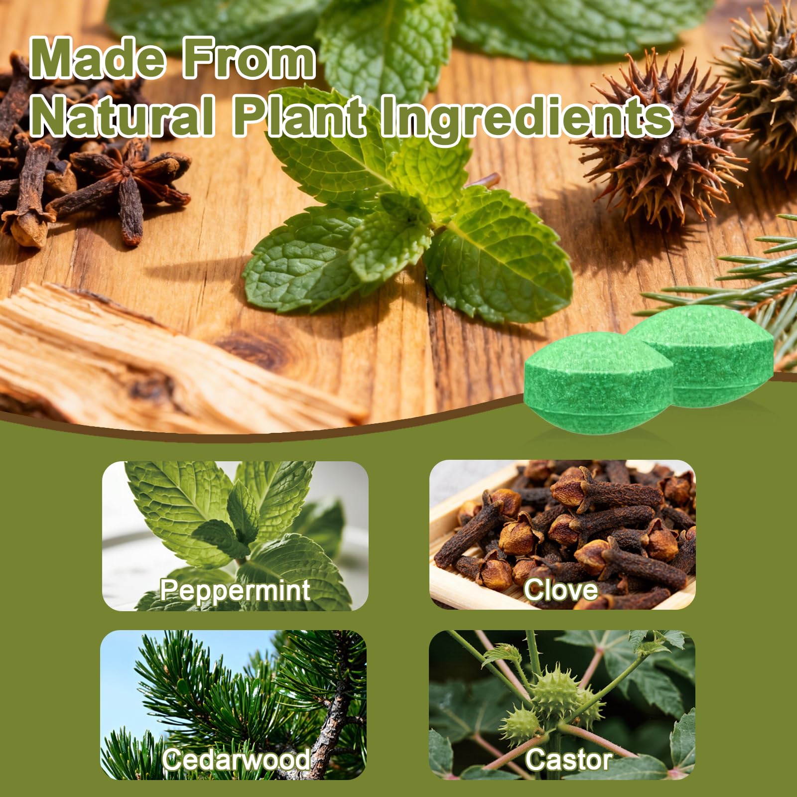 ZNZTO mouse repellent ball close-up shows plant-based ingredients for gentle deterrence.