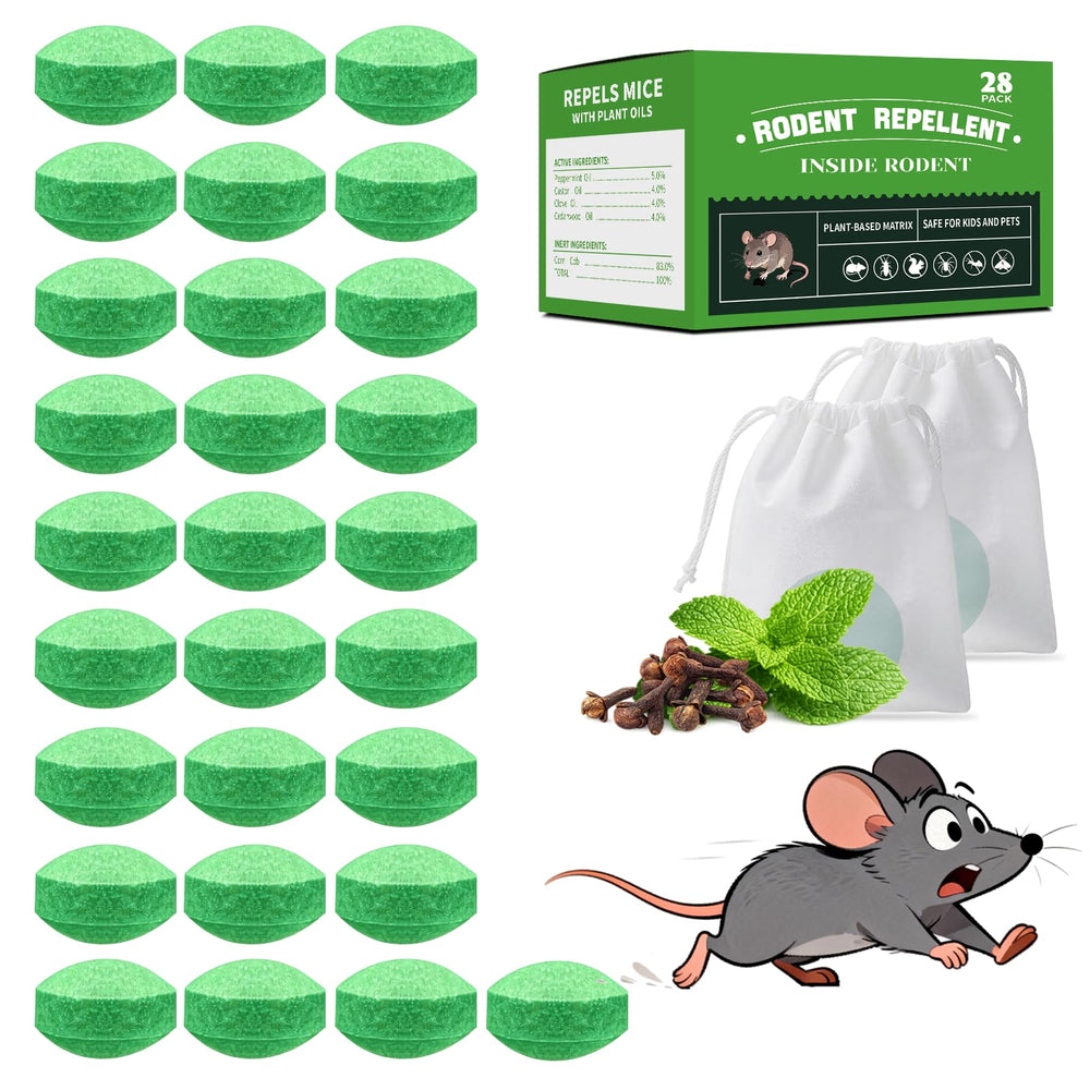 ZNZTO 28-pack mouse repellent packaging highlights eco-friendly, family-safe protection for homes.