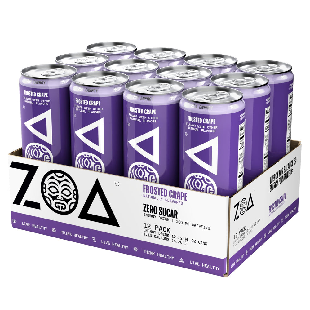 ZOA Frosted Grape bottle displays B-vitamins icons for wellness.