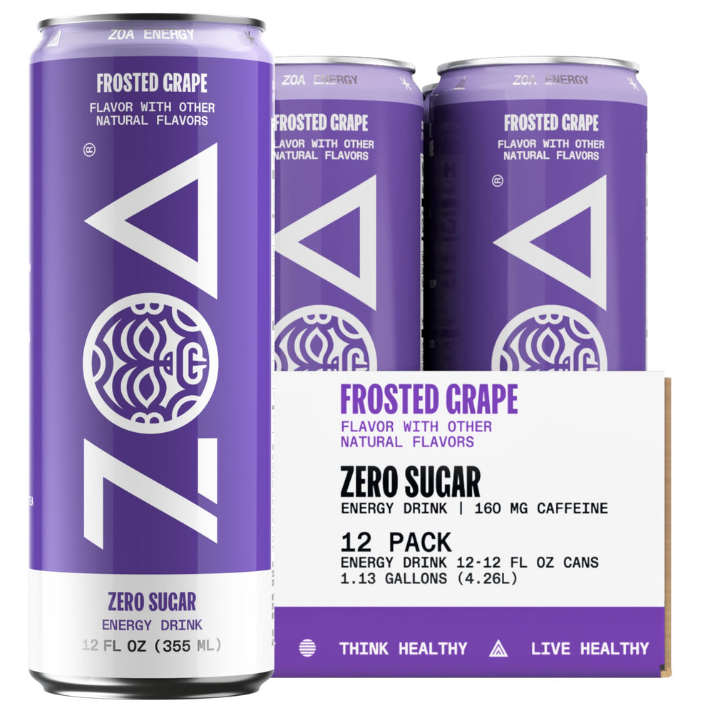 ZOA Frosted Grape can on ice shows refreshing flavor and zero sugar.