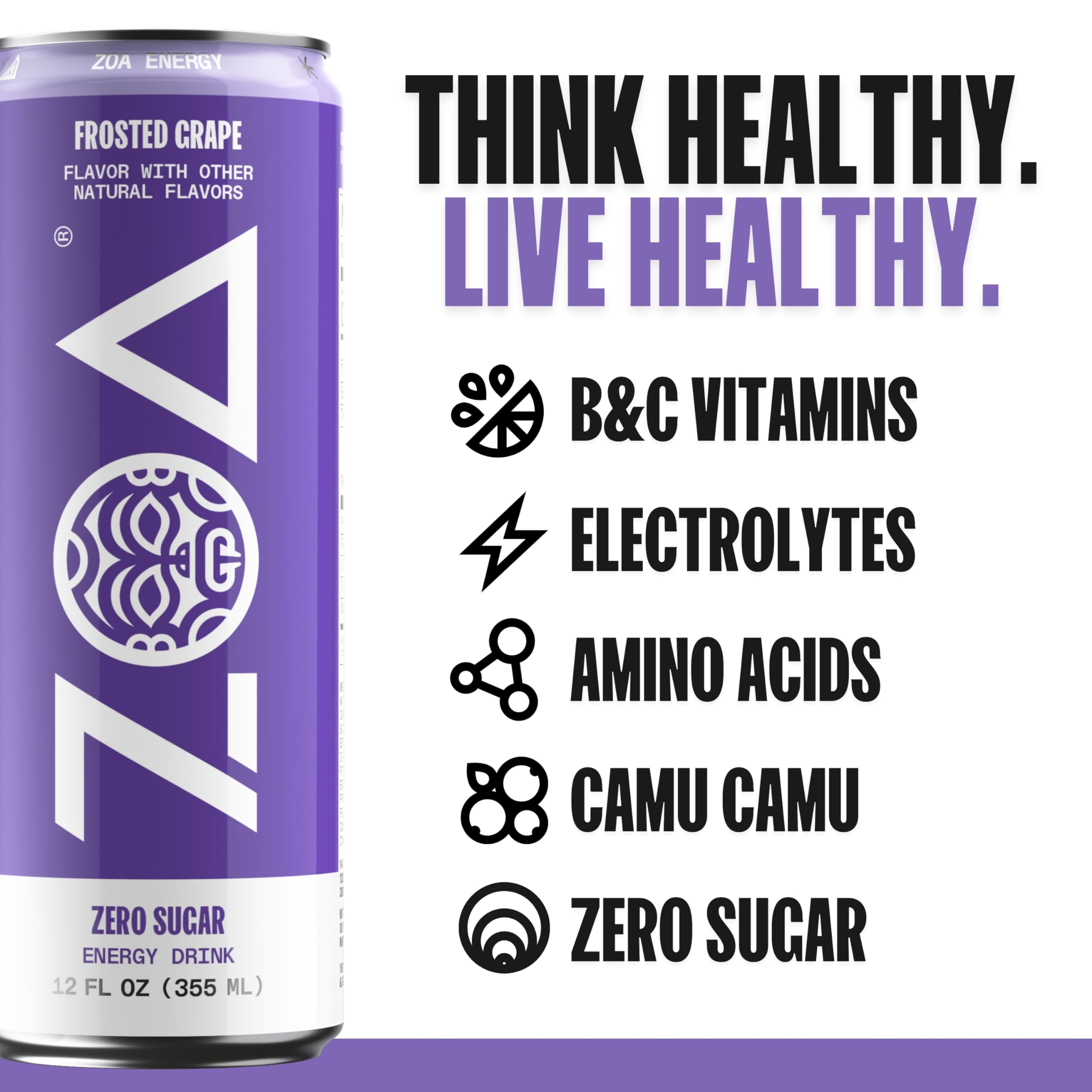 ZOA Frosted Grape pour into a glass highlights natural caffeine boost.