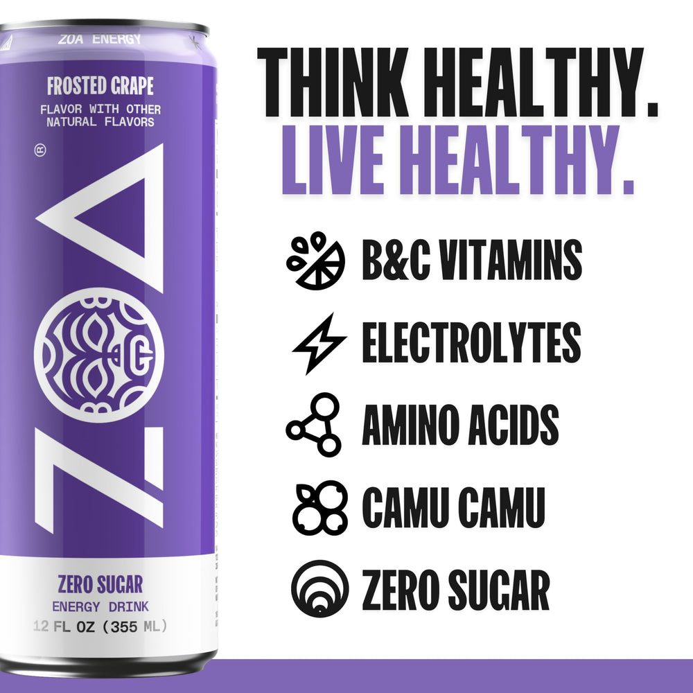 ZOA Frosted Grape pour into a glass highlights natural caffeine boost.