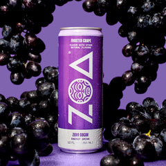 ZOA Frosted Grape can shows 100% daily vitamin C label.